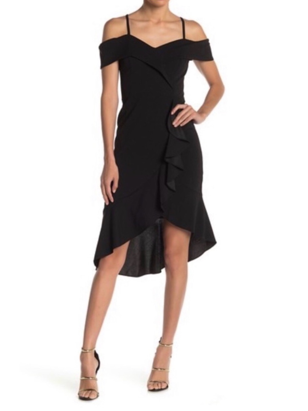 Bebe Black Off-Shoulder Cascade Ruffle Crepe Midi Dress NWT - Size 6